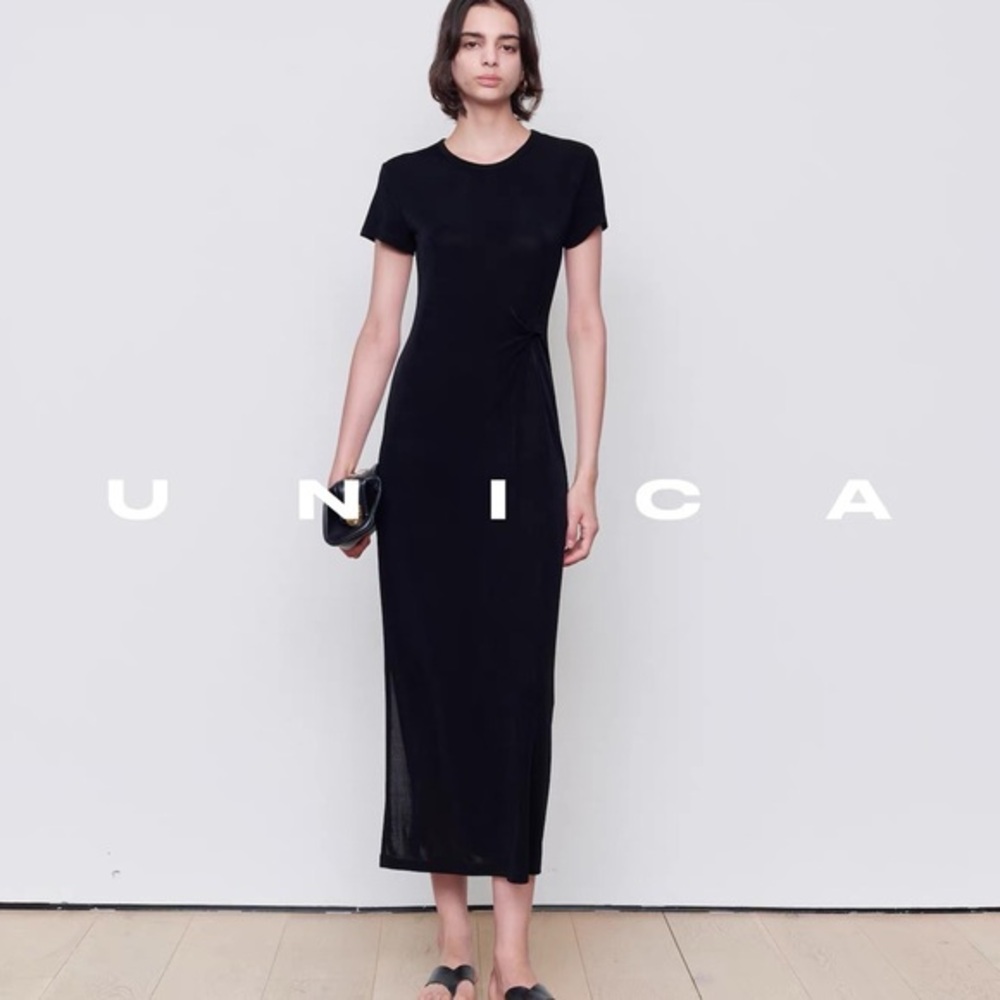 Black Ruched Midi Dress Size L NWT Bodycon Short Sleeve Minimalist